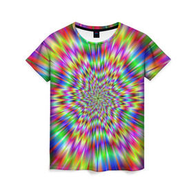 Женская футболка 3D с принтом Спектральная иллюзия в Кировске, 100% полиэфир ( синтетическое хлопкоподобное полотно) | прямой крой, круглый вырез горловины, длина до линии бедер | взрыв | гипноз | движение | краски | красочный фон | обман зрения | оптическая иллюзия | погружение | текстура | фокус | цветовой спектр