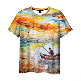 Мужская футболка 3D с принтом Рыбак на лодке в Кировске, 100% полиэфир | прямой крой, круглый вырез горловины, длина до линии бедер | грузило | карась | лодка | окунь | природа | река | рыбак | рыболов | снасти | туризм | щука