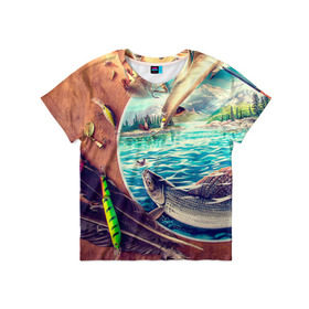 Детская футболка 3D с принтом Рыбацкое в Кировске, 100% гипоаллергенный полиэфир | прямой крой, круглый вырез горловины, длина до линии бедер, чуть спущенное плечо, ткань немного тянется | грузило | карась | лодка | окунь | природа | река | рыбак | рыболов | снасти | туризм | щука