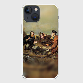 Чехол для iPhone 13 mini с принтом Охотники в Кировске,  |  | капкан | оружие | охотник | охотники на привале | природа | рассвет | рога | ружье | трофей | туризм | чучело