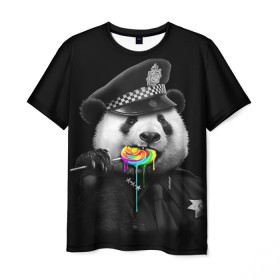 Мужская футболка 3D с принтом Панда и карамель в Кировске, 100% полиэфир | прямой крой, круглый вырез горловины, длина до линии бедер | панда | черно белый