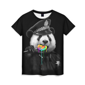 Женская футболка 3D с принтом Панда и карамель в Кировске, 100% полиэфир ( синтетическое хлопкоподобное полотно) | прямой крой, круглый вырез горловины, длина до линии бедер | панда | черно белый