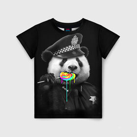 Детская футболка 3D с принтом Панда и карамель в Кировске, 100% гипоаллергенный полиэфир | прямой крой, круглый вырез горловины, длина до линии бедер, чуть спущенное плечо, ткань немного тянется | панда | черно белый