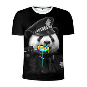 Мужская футболка 3D спортивная с принтом Панда и карамель в Кировске, 100% полиэстер с улучшенными характеристиками | приталенный силуэт, круглая горловина, широкие плечи, сужается к линии бедра | панда | черно белый
