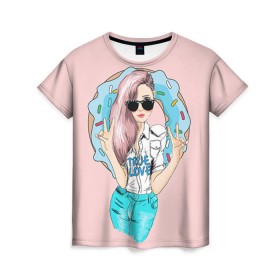 Женская футболка 3D с принтом Моя любовь - пончики в Кировске, 100% полиэфир ( синтетическое хлопкоподобное полотно) | прямой крой, круглый вырез горловины, длина до линии бедер | пончик