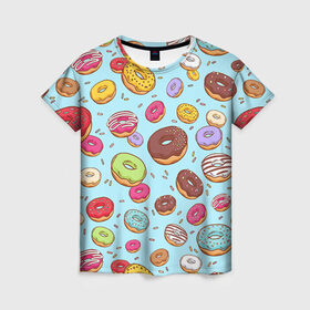 Женская футболка 3D с принтом Пончики Пончики в Кировске, 100% полиэфир ( синтетическое хлопкоподобное полотно) | прямой крой, круглый вырез горловины, длина до линии бедер | пончик