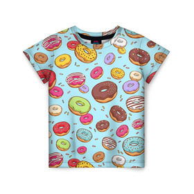 Детская футболка 3D с принтом Пончики Пончики в Кировске, 100% гипоаллергенный полиэфир | прямой крой, круглый вырез горловины, длина до линии бедер, чуть спущенное плечо, ткань немного тянется | Тематика изображения на принте: пончик