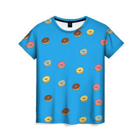 Женская футболка 3D с принтом Пончики в Кировске, 100% полиэфир ( синтетическое хлопкоподобное полотно) | прямой крой, круглый вырез горловины, длина до линии бедер | donut | гомер | еда | пончики | симпсон | фаст