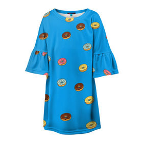Детское платье 3D с принтом Пончики в Кировске, 100% полиэстер | прямой силуэт, чуть расширенный к низу. Круглая горловина, на рукавах — воланы | Тематика изображения на принте: donut | гомер | еда | пончики | симпсон | фаст