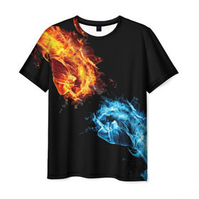 Мужская футболка 3D с принтом Синее и красное пламя в Кировске, 100% полиэфир | прямой крой, круглый вырез горловины, длина до линии бедер | кулак | огонь