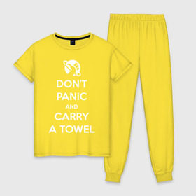 Женская пижама хлопок с принтом Dont panic в Кировске, 100% хлопок | брюки и футболка прямого кроя, без карманов, на брюках мягкая резинка на поясе и по низу штанин | автостопом по галактике