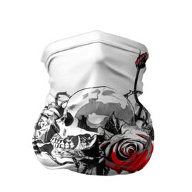 Бандана-труба 3D с принтом Череп с розами в Кировске, 100% полиэстер, ткань с особыми свойствами — Activecool | плотность 150‒180 г/м2; хорошо тянется, но сохраняет форму | готика | кровь | розы | череп | черно белое | шипы