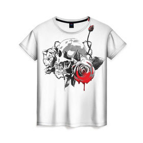 Женская футболка 3D с принтом Череп с розами в Кировске, 100% полиэфир ( синтетическое хлопкоподобное полотно) | прямой крой, круглый вырез горловины, длина до линии бедер | готика | кровь | розы | череп | черно белое | шипы