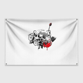 Флаг-баннер с принтом Череп с розами в Кировске, 100% полиэстер | размер 67 х 109 см, плотность ткани — 95 г/м2; по краям флага есть четыре люверса для крепления | готика | кровь | розы | череп | черно белое | шипы