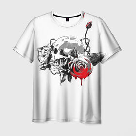 Мужская футболка 3D с принтом Череп с розами в Кировске, 100% полиэфир | прямой крой, круглый вырез горловины, длина до линии бедер | готика | кровь | розы | череп | черно белое | шипы