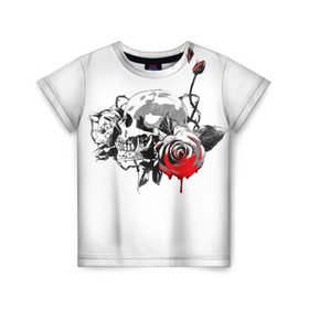 Детская футболка 3D с принтом Череп с розами в Кировске, 100% гипоаллергенный полиэфир | прямой крой, круглый вырез горловины, длина до линии бедер, чуть спущенное плечо, ткань немного тянется | готика | кровь | розы | череп | черно белое | шипы