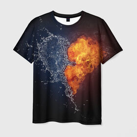 Мужская футболка 3D с принтом Water and flames heart в Кировске, 100% полиэфир | прямой крой, круглый вырез горловины, длина до линии бедер | вода | огонь огонь и вода | пар | прикольное | разное | сердце