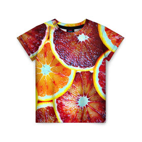 Детская футболка 3D с принтом Цитрус в Кировске, 100% гипоаллергенный полиэфир | прямой крой, круглый вырез горловины, длина до линии бедер, чуть спущенное плечо, ткань немного тянется | апельсин | фрукты | цитрус