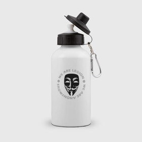 Бутылка спортивная с принтом Маска Анонимуса - We Are Legion в Кировске, металл | емкость — 500 мл, в комплекте две пластиковые крышки и карабин для крепления | vendetta | вендетта | гай фокс | маска | маска анонима