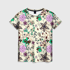 Женская футболка 3D с принтом Цветочный фон в Кировске, 100% полиэфир ( синтетическое хлопкоподобное полотно) | прямой крой, круглый вырез горловины, длина до линии бедер | flower | весна | девушкам | жен | лето | прикольные | цветы