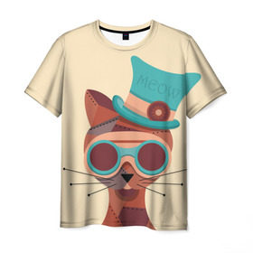 Мужская футболка 3D с принтом Steampunk Cat в Кировске, 100% полиэфир | прямой крой, круглый вырез горловины, длина до линии бедер | кот | коты | кошки | стимпанк