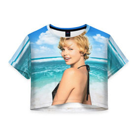 Женская футболка 3D укороченная с принтом Шарлиз Терон в Кировске, 100% полиэстер | круглая горловина, длина футболки до линии талии, рукава с отворотами | charlize theron | американская | киноактриса | модель | шарлиз терон