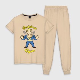 Женская пижама хлопок с принтом Fallout golden gym в Кировске, 100% хлопок | брюки и футболка прямого кроя, без карманов, на брюках мягкая резинка на поясе и по низу штанин | 