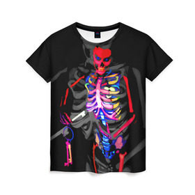 Женская футболка 3D с принтом Скелет в Кировске, 100% полиэфир ( синтетическое хлопкоподобное полотно) | прямой крой, круглый вырез горловины, длина до линии бедер | bodyart | faceart | helloween | аквагрим | боди арт | бодиарт | замок | ключ | неоновый | свет | сердце | скелет | фейсарт | хэллоуин | череп
