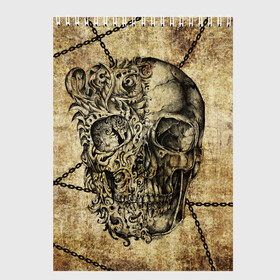 Скетчбук с принтом Skull & Chains в Кировске, 100% бумага
 | 48 листов, плотность листов — 100 г/м2, плотность картонной обложки — 250 г/м2. Листы скреплены сверху удобной пружинной спиралью | красивый | крутой | рисунок | узор | цепи | череп