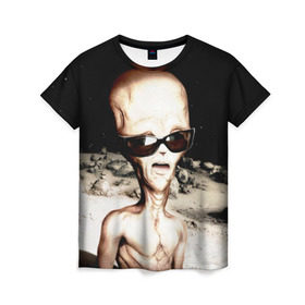 Женская футболка 3D с принтом Пришелец в Кировске, 100% полиэфир ( синтетическое хлопкоподобное полотно) | прямой крой, круглый вырез горловины, длина до линии бедер | инопланетянин | космос | очки | пришелец