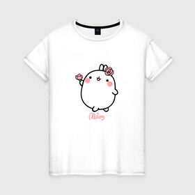 Женская футболка хлопок с принтом Кролик Моланг (цветы) в Кировске, 100% хлопок | прямой крой, круглый вырез горловины, длина до линии бедер, слегка спущенное плечо | molang | каваи | кролик | моланг | няша | цветы