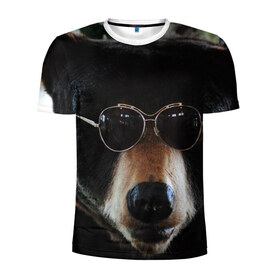 Мужская футболка 3D спортивная с принтом Медведь в очках в Кировске, 100% полиэстер с улучшенными характеристиками | приталенный силуэт, круглая горловина, широкие плечи, сужается к линии бедра | животное | медведь | новая | очки | природа | стильная