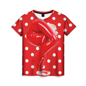 Женская футболка 3D с принтом Гибкость в Кировске, 100% полиэфир ( синтетическое хлопкоподобное полотно) | прямой крой, круглый вырез горловины, длина до линии бедер | белый | германия | гибкость | горошек | девушка | красный | латекс | юлия гюнтель