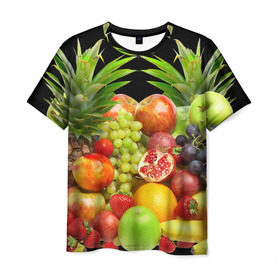 Мужская футболка 3D с принтом Фрукты в Кировске, 100% полиэфир | прямой крой, круглый вырез горловины, длина до линии бедер | Тематика изображения на принте: ананас | апельсин | арбуз | банан | виноград | гранат | груша | клубника | фрукты | яблоко | ягоды