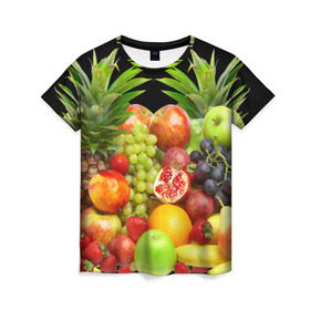 Женская футболка 3D с принтом Фрукты в Кировске, 100% полиэфир ( синтетическое хлопкоподобное полотно) | прямой крой, круглый вырез горловины, длина до линии бедер | ананас | апельсин | арбуз | банан | виноград | гранат | груша | клубника | фрукты | яблоко | ягоды