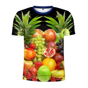 Мужская футболка 3D спортивная с принтом Фрукты в Кировске, 100% полиэстер с улучшенными характеристиками | приталенный силуэт, круглая горловина, широкие плечи, сужается к линии бедра | ананас | апельсин | арбуз | банан | виноград | гранат | груша | клубника | фрукты | яблоко | ягоды