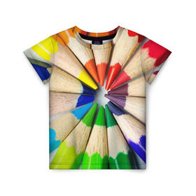 Детская футболка 3D с принтом Карандаши в Кировске, 100% гипоаллергенный полиэфир | прямой крой, круглый вырез горловины, длина до линии бедер, чуть спущенное плечо, ткань немного тянется | Тематика изображения на принте: карандаш | радуга | разноцветная | цветная