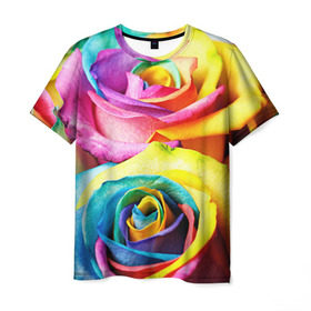 Мужская футболка 3D с принтом Радужная роза в Кировске, 100% полиэфир | прямой крой, круглый вырез горловины, длина до линии бедер | Тематика изображения на принте: бутон | лепестки | радуга | радужная роза | спектр | цвет | цветные | яркий
