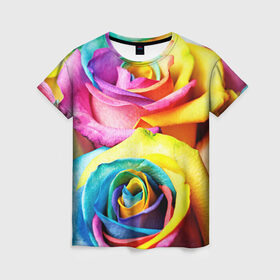 Женская футболка 3D с принтом Радужная роза в Кировске, 100% полиэфир ( синтетическое хлопкоподобное полотно) | прямой крой, круглый вырез горловины, длина до линии бедер | бутон | лепестки | радуга | радужная роза | спектр | цвет | цветные | яркий