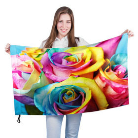 Флаг 3D с принтом Радужная роза в Кировске, 100% полиэстер | плотность ткани — 95 г/м2, размер — 67 х 109 см. Принт наносится с одной стороны | бутон | лепестки | радуга | радужная роза | спектр | цвет | цветные | яркий