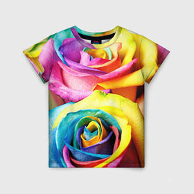 Детская футболка 3D с принтом Радужная роза в Кировске, 100% гипоаллергенный полиэфир | прямой крой, круглый вырез горловины, длина до линии бедер, чуть спущенное плечо, ткань немного тянется | бутон | лепестки | радуга | радужная роза | спектр | цвет | цветные | яркий