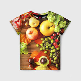 Детская футболка 3D с принтом Фрукты в Кировске, 100% гипоаллергенный полиэфир | прямой крой, круглый вырез горловины, длина до линии бедер, чуть спущенное плечо, ткань немного тянется | зелень | натюрморт | плоды | фрукты | яблоки | ягоды