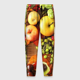 Мужские брюки 3D с принтом Фрукты в Кировске, 100% полиэстер | манжеты по низу, эластичный пояс регулируется шнурком, по бокам два кармана без застежек, внутренняя часть кармана из мелкой сетки | зелень | натюрморт | плоды | фрукты | яблоки | ягоды