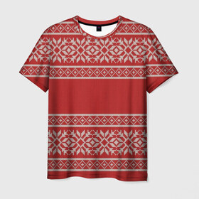 Мужская футболка 3D с принтом Вязанный принт в Кировске, 100% полиэфир | прямой крой, круглый вырез горловины, длина до линии бедер | вышивка | красная | свитер | узор