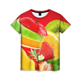 Женская футболка 3D с принтом Фрукты в Кировске, 100% полиэфир ( синтетическое хлопкоподобное полотно) | прямой крой, круглый вырез горловины, длина до линии бедер | fresh | апедьсин | киви | клубника | пузыри | сок | фреш | фрукты | яблоко | ягоды