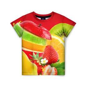 Детская футболка 3D с принтом Фрукты в Кировске, 100% гипоаллергенный полиэфир | прямой крой, круглый вырез горловины, длина до линии бедер, чуть спущенное плечо, ткань немного тянется | fresh | апедьсин | киви | клубника | пузыри | сок | фреш | фрукты | яблоко | ягоды