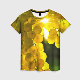Женская футболка 3D с принтом Виноград в Кировске, 100% полиэфир ( синтетическое хлопкоподобное полотно) | прямой крой, круглый вырез горловины, длина до линии бедер | виноград | виноградник | лоза | лучи | солнце | ягоды