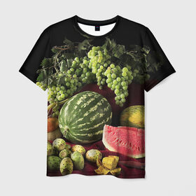 Мужская футболка 3D с принтом Арбуз в Кировске, 100% полиэфир | прямой крой, круглый вырез горловины, длина до линии бедер | Тематика изображения на принте: арбуз | виноград | каштан | натюрморт | плоды | ягоды