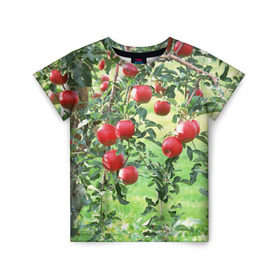 Детская футболка 3D с принтом Яблоки в Кировске, 100% гипоаллергенный полиэфир | прямой крой, круглый вырез горловины, длина до линии бедер, чуть спущенное плечо, ткань немного тянется | Тематика изображения на принте: дерево | зелень | красные | сад | яблоки
