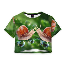 Женская футболка 3D укороченная с принтом Улитки в Кировске, 100% полиэстер | круглая горловина, длина футболки до линии талии, рукава с отворотами | зеленая | любовь | природа | улитка